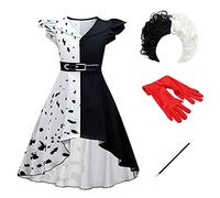 FYMNSI Disfraz de Cruella Deville para niña, vestido de lunares, peluca + guantes + barra para Halloween, Conjunto de vestido de Vokuhila blanco, 9-10 Años
