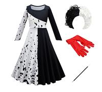 FYMNSI Disfraz de Cruella Deville para niña, vestido de lunares, peluca + guantes + barra para Halloween, Conjunto de vestido de manga larga negro blanco, 5-6 Años