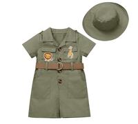 FYMNSI Disfraz de guardián del zoológico para niños, bebé, niña, safari, selva, explorador, conjunto de una pieza, mono de manga corta con sombrero, Verde militar., 2-3 Jahre