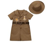 FYMNSI Disfraz de guardián del zoológico para niños, bebé, niña, safari, selva, explorador, conjunto de una pieza, mono de manga corta con sombrero, marrón, 2-3 Jahre