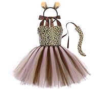 FYMNSI Disfraz infantil para bebé, niña, Halloween, animal, vaca, tigre, leopardo, cebra, jirafa, cosplay, tutú con orejas, diadema y cola, Leopardo Marrón, 5-6 Años