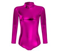 FYMNSI,Maillot de ballet para mujer, brillante, para hacer deporte, danza, para gimnasia, de manga larga, aspecto metalizado, de una sola pieza, piel lacada, parte superior Rosa XL