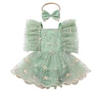 FYMNSI Mameluco de tutú con bordado floral para recién nacidas, traje de primer cumpleaños, manga con vuelo, espalda descubierta, con diadema, Verde Salvia, 6-9 meses