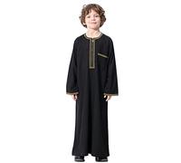 FYMNSI Musulmanes Niños Batas Niños Abaya Kaftan Ropa de Oración Islámica Árabe Medio Oriente Dubai Manga Larga Jubba Thobe Cremallera Batas, Negro , 13-14 Años