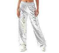 FYMNSI Pantalones metálicos brillantes para mujer de los años 80 y 90, piel lacada, aspecto mojado, estilo hip hop, ropa de club, pantalones holográficos, pantalones de jogging, tallas S-XXL, plata, L
