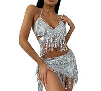 FYMNSI Rave Trajes para mujer, falda con borlas, sujetador holográfico metálico, juego de parte superior para festival, danza, clubwear, fiesta, Conjunto de sujetador de cruz de plata, S