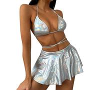 FYMNSI Rave Trajes para mujer, falda con borlas, sujetador holográfico metálico, juego de parte superior para festival, danza, clubwear, fiesta, Silver Mini Rock Set, M