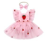 FYMNSI Ropa de bebé para niña, traje de primer cumpleaños, pelele de verano, vestido de fiesta para recién nacidos, vestido de tul con cinta para la cabeza, Rosa fresa., 6-12 Meses