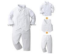 FYMNSI Traje festivo para bebés y niños, traje de bautizo para niños, camisa de manga larga con pajarita y pantalones, chaleco, juego de ropa de 3 piezas, Blanco, 4- 5 años