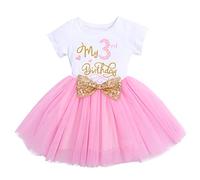 FYMNSI Vestido de algodón de manga corta con tutú, línea A, vestido de fiesta de princesa, vestido de fiesta para sesión de fotos, Rosa - My 3er Birthday, 3 Años