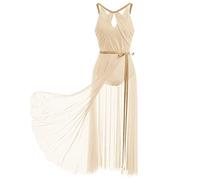 FYMNSI Vestido de baile lírico para mujer, vestido de ballet sin mangas, con lentejuelas, falda cruzada, disfraz moderno y contemporáneo, traje de escenario, champán, S