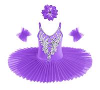FYMNSI Vestido de Danza para Niña Maillot Ballet Lentejuela Leotardo Princesa Vestido Tutú Patinaje Artistico Danza del Cisne Disfraz de Bailarina Traje Gimnasia con Pulseras Clip Morado 9-10 Años