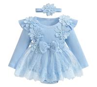 FYMNSI Vestido de encaje para bebé recién nacido, mameluco, manga larga, vestido de princesa, con diadema para la cabeza, otoño sesión de fotos, azul, 12-18 meses