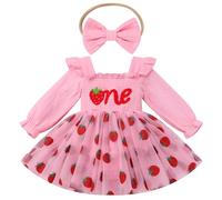 FYMNSI Vestido de fiesta de princesa de manga larga con diadema, Rosa fresa., 9-12 meses