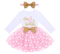 FYMNSI Vestido de manga larga de tul para bebé con cinta para la frente, para fiestas de 1, 2 o 3 cumpleaños, vestido de princesa, disfraz para sesión de fotos Pink Dots,Mi primer cumpleaños 12 meses