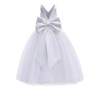 FYMNSI Vestido de niña de flores, vestido de primera comunión para niños, de manga corta, de malla, tutú, princesa, línea A, hinchada, boda, dama de honor, noche, Blanca Con Cuello En V, 5-6 Años