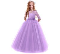 FYMNSI Vestido de Niña Flor de Encaje Manga 3/4 Tul Princesa Maxi Vestido Largo Dama de Honor de la Boda Fiesta de Cumpleaños Comunión Noche Paseo Baile Cóctel Vestidos de Gala Violeta 13-14 Años