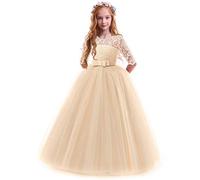 FYMNSI Vestido de Niña Flor de Encaje Manga 3/4 Tul Princesa Maxi Vestido Largo Dama de Honor de la Boda Fiesta de Cumpleaños Comunión Noche Paseo Baile Cóctel Vestidos de Gala Champán 11-12 Años