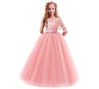 FYMNSI Vestido de Niña Flor de Encaje Manga 3/4 Tul Princesa Maxi Vestido Largo Dama de Honor de la Boda Fiesta de Cumpleaños Comunión Noche Paseo Baile Cóctel Vestidos de Gala Rosa 9-10 Años