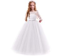 FYMNSI Vestido de Niña Flor de Encaje Manga 3/4 Tul Princesa Maxi Vestido Largo Dama de Honor de la Boda Fiesta de Cumpleaños Comunión Noche Paseo Baile Cóctel Vestidos de Gala Blanco 5-6 Años