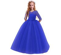FYMNSI Vestido de Niña Flor de Encaje Manga 3/4 Tul Princesa Maxi Vestido Largo Dama de Honor de la Boda Fiesta de Cumpleaños Comunión Noche Paseo Baile Cóctel Vestidos de Gala Azul Real 7-8 Años