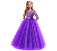 FYMNSI Vestido de Niña Flor de Encaje Manga 3/4 Tul Princesa Maxi Vestido Largo Dama de Honor de la Boda Fiesta de Cumpleaños Comunión Noche Paseo Baile Cóctel Vestidos de Gala Púrpura 2-3 Años