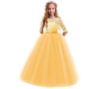 FYMNSI Vestido de Niña Flor de Encaje Manga 3/4 Tul Princesa Maxi Vestido Largo Dama de Honor de la Boda Fiesta de Cumpleaños Comunión Noche Paseo Baile Cóctel Vestidos de Gala Amarillo 13-14 Años
