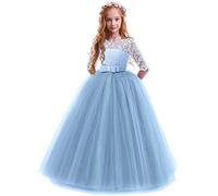 FYMNSI Vestido de Niña Flor de Encaje Manga 3/4 Tul Princesa Maxi Vestido Largo Dama de Honor de la Boda Fiesta de Cumpleaños Comunión Noche Paseo Baile Cóctel Vestidos de Gala Azul 11-12 Años
