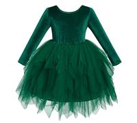 FYMNSI Vestido de terciopelo para niños y niñas, vestido de Navidad, cumpleaños, vestido de fiesta, cuello redondo, línea A, tul, vestido de fiesta, princesa, otoño e invierno, verde, 5-6 años