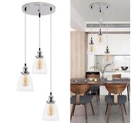 Fynokst Industrial Vintage Loft 3 Lámparas, Longitud Ajustable 2 m, Pantalla de Vidrio en Forma de Campana con Portalámparas E27, Lámpara de Araña Vintage para Cocina, Bodega, Plata