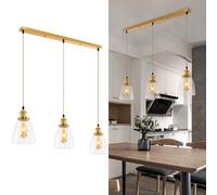 Fynokst Lámpara colgante industrial retro Loft de 3 vías, 2 m de longitud ajustable, pantalla de cristal con portalámparas E27, lámpara colgante vintage para cocina, sótano, dorado