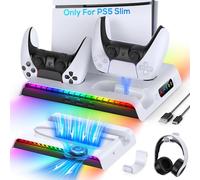 FYOUNG Soporte vertical para consola PS5 Slim con ventilador y estación de carga del controlador, soporte de refrigeración multifuncional para PlayStation 5 Slim accesorios con luz 9RGB (solo para PS5