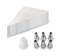 Fysaran 100 mangas pasteleras desechables con 6 boquillas de acero inoxidable y acoplamiento, accesorios para hornear para decoración de tartas, hornear y fiestas