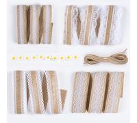 Fyshird 4 rollos de cinta de yute con encaje, cinta de regalo, cinta de encaje natural, cinta decorativa vintage, cinta de yute con 10 unidades de girasoles y cuerda de cáñamo de 10 m para