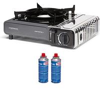 FYSHOP. PACK Camping Camp Bistro hornillo de Gas Individual, hornillo de Camping, Potencia 2200 W + 2 CARTUCHOS DE GAS SUPER EGO