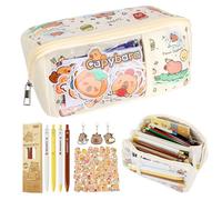 FYSL Capybara - Juego de papelería con Estuche Gigante de 8 Compartimentos, 4 bolígrafos, 50 Pegatinas, 3 Colgantes, Juego de Regalo para niñas y niños