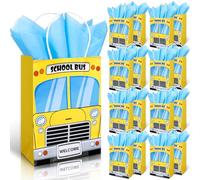 FYSUIMU 16 bolsas de papel de autobús escolar con 16 hojas de papel de seda amarillas de dibujos animados de autobús con asa para bienvenida, regreso a clases, cumpleaños, baby shower