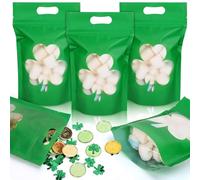 FYSUIMU 50 bolsas de plástico verde con cierre de cremallera para el día de San Patricio, bolsas de regalo resellables con ventana de trébol para suministros navideños irlandeses