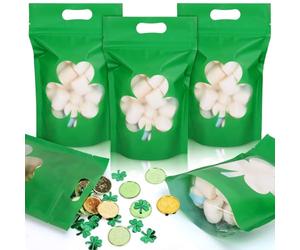 FYSUIMU 50 bolsas de plástico verde con cierre de cremallera para el día de San Patricio, bolsas de regalo resellables con ventana de trébol para suministros navideños irlandeses