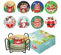 FYting 8 Piezas Posavasos,Manualidades Adultos,Diamantes para Manualidades,Posavasos Redondo de Postre Navideño de Bricolaje, Papá Noel, Alce, Pingüino, Muñeco de Nieve (Navidad)