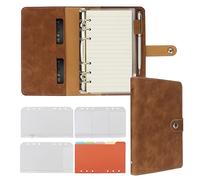FYY Cuaderno de cuero A6, diario de viaje de 6 anillos con papeles recargables A6, bolsillos y divisores, planificador de escritura personal para escuela, oficina, hogar, reuniones, color marrón