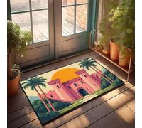 FZFN Alfombra antideslizante para pasillo o casa de lago, castillo rosa con palmeras delante de un gran sol, entrada pequeña para estrecho (40 x 60 cm)