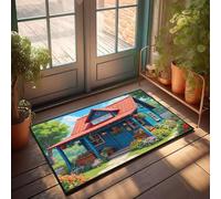 FZFN Alfombra de baño rústica para cocina, una encantadora tienda de campo azul rodeada de flores vibrantes, decoración de habitación, alfombra lavable, perfecta para el hogar, oficina, guardería (40