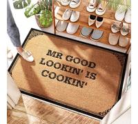 FZFN Alfombra de entrada para puerta con texto en inglés "Mr Good Lookin' Is Cookin", parte delantera interior, felpilla/puerta pequeña, alfombra para exteriores, zona de juegos para niños, resistente