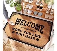 FZFN Alfombra oscura para porche de baño, con texto en inglés "Welcome Hope You Like Dog Hair", puerta de hortensias y divertida alfombra de baño para exteriores, zona de juegos para niños