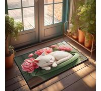 FZFN Alfombrillas de cocina Un gato blanco durmiendo entre flores rosas en una maceta verde. Alfombra de felpilla para baño, bienvenida, aula, antifatiga, perfecta para uso en interiores adolescentes