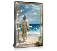 FZFN Arte de pared vintage personalizado con bonito Jesús de pie junto al mar, mirando hacia afuera para salón, decoración de terraza al aire libre personalizable (20 x 30 cm)
