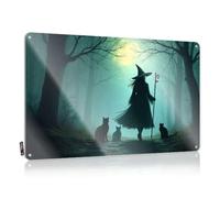 FZFN Bruja con gatos en un bosque espeluznante. Letreros decorativos de granja | Decoración del hogar estilo vintage dulce decoración de bar al aire libre fácil de colgar (30 x 40 cm)
