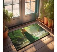 FZFN Camino de baño cuadrado para baño, una mujer con un vestido verde se encuentra en un arroyo del bosque, bañada en la luz del sol. | Puerta delantera antideslizante impermeable para alfombras de