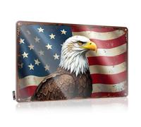 FZFN Cartel de lata con texto en inglés "Orgullo americano: águila calva contra el fondo de la bandera, letrero de lata para decoración del hogar para hombres (30 x 40 cm)